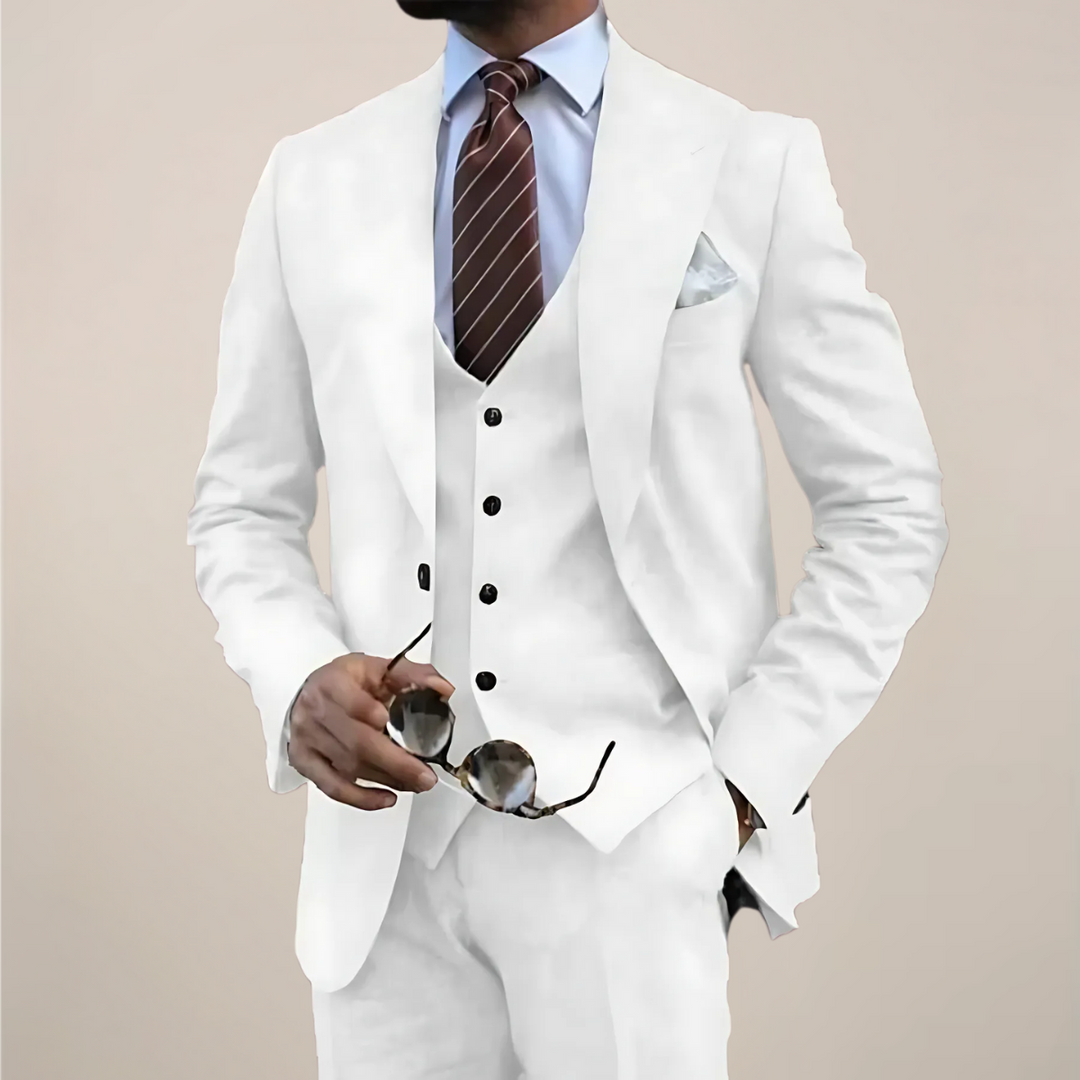 Stylish gray men's tailored three-piece suit. Versatile formal and business wear, ideal for office & occasions.