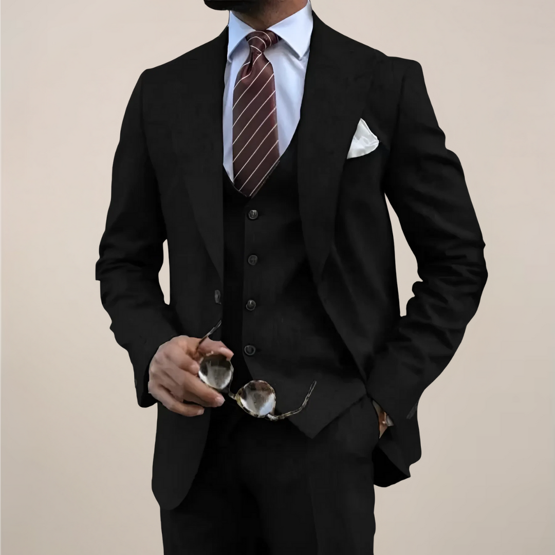 Elegant tailored three-piece suit for men. Sophisticated formal wear, perfect for business, weddings, and executive events.