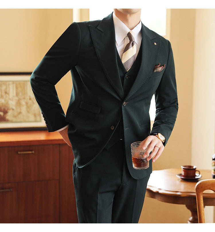 Full-length shot of a men's slim fit three-piece suit, showcasing its elegant design for formal events.