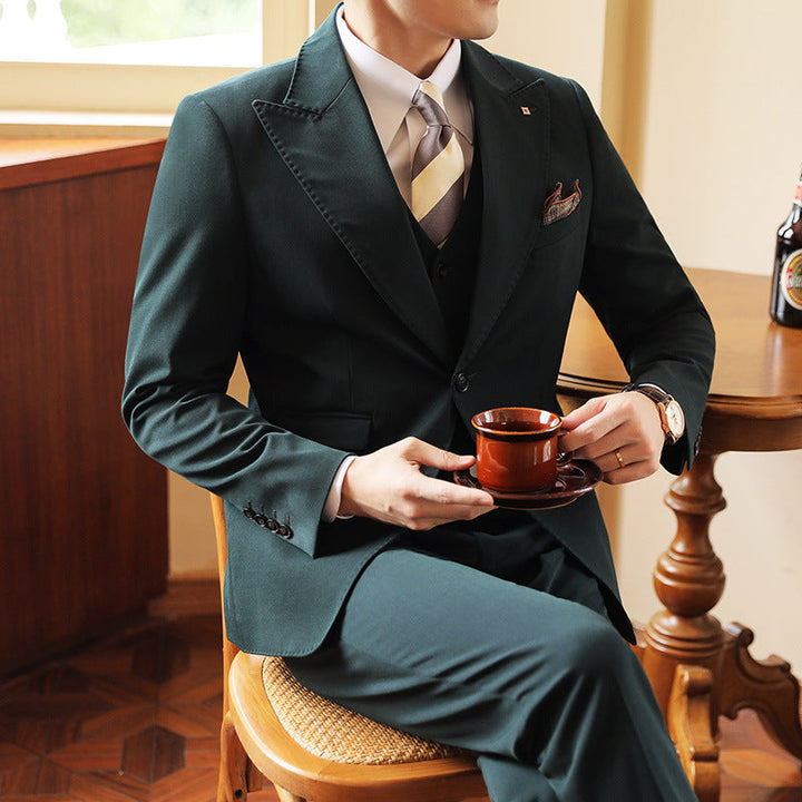 Stylish men's formal suit with vest & jacket, perfect for events, business & party wear. Tailored for comfort.