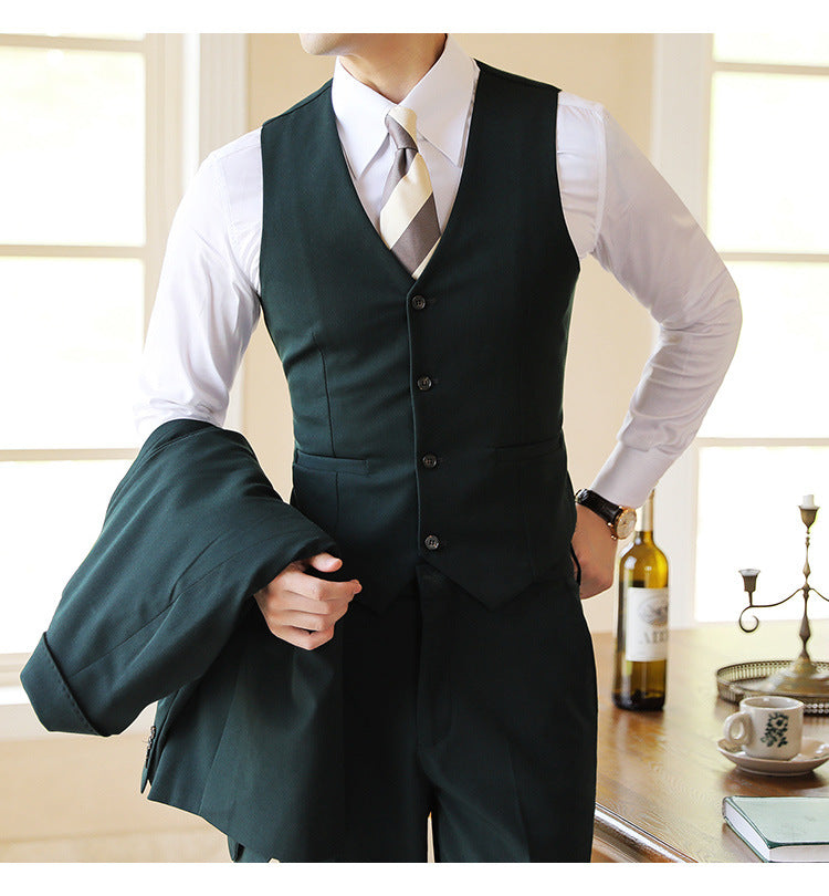 Sophisticated men's tailored formal suit, a three-piece ensemble for elegant events, parties & business.