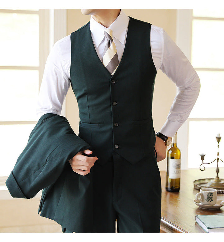 Sophisticated men's tailored formal suit, a three-piece ensemble for elegant events, parties & business.