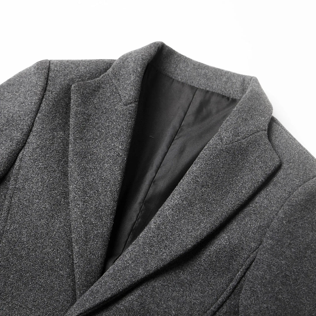 Elegant men's formal trench coat with sharp notch lapel, suitable for evening wear and professional events.