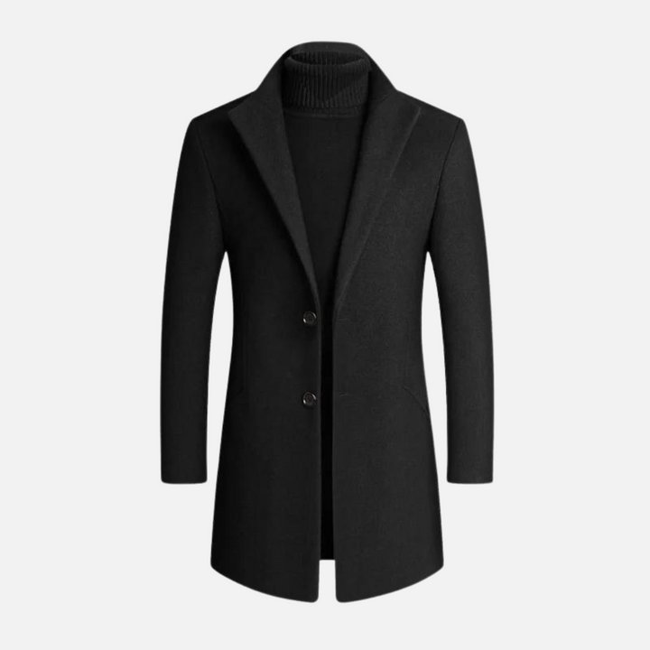 Modern men's tailored outerwear: a versatile trench coat with notch lapel for business and smart events.