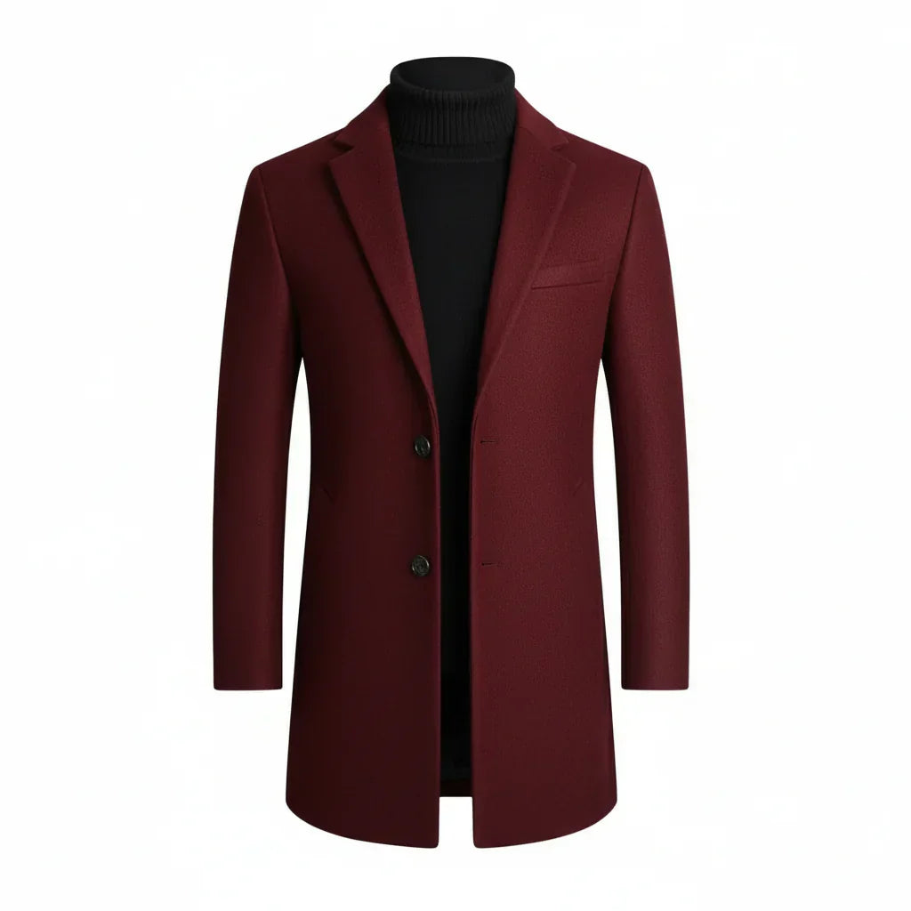 Sophisticated men's black trench coat, featuring a notch lapel, a key piece for smart events & business attire.