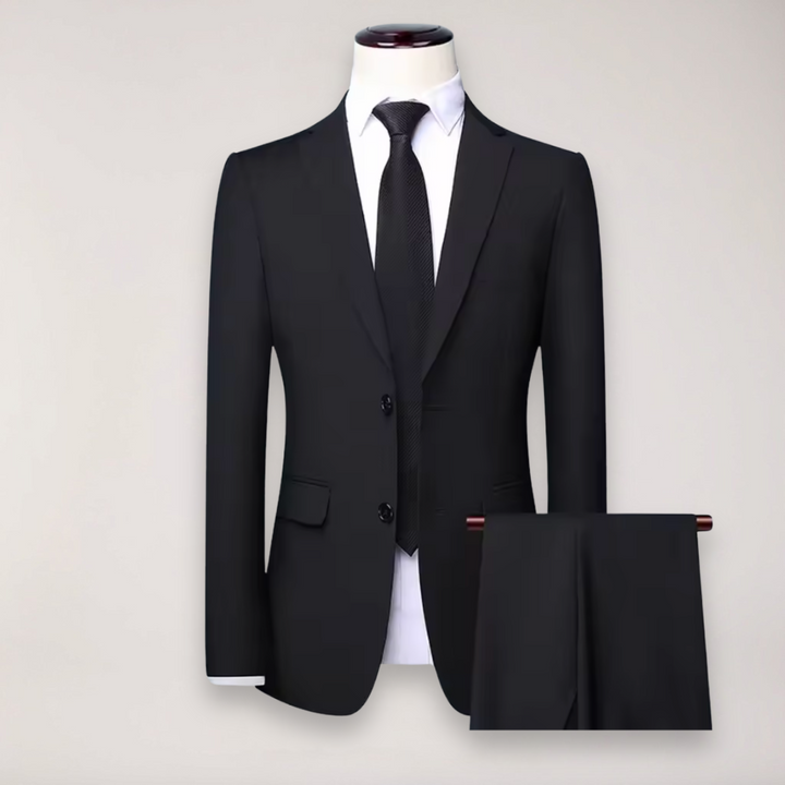 Men's tailored two-piece formal suit with blazer and trousers for elegant business and wedding attire.