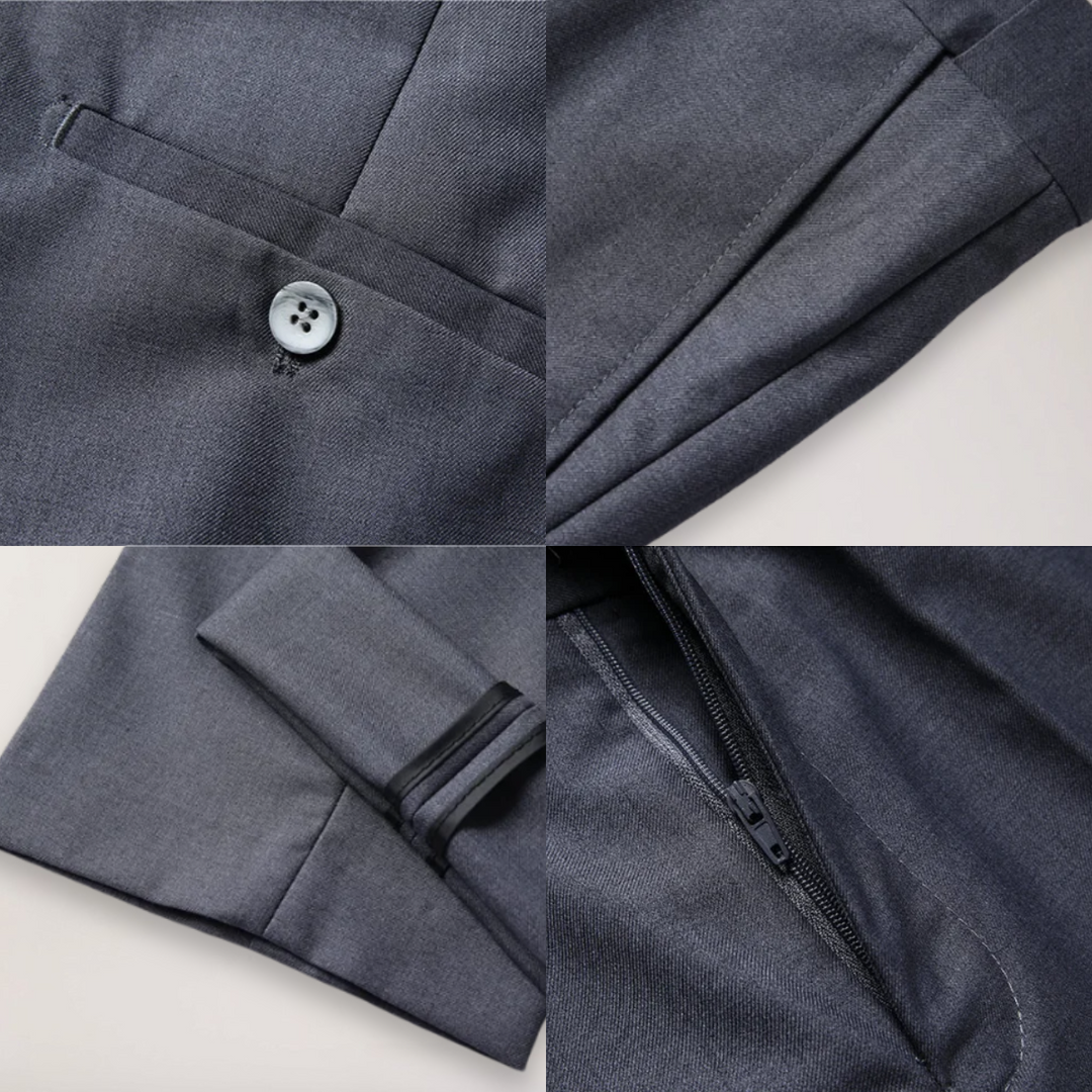 Professional men's tailored suit. Two-piece set with a formal blazer and matching trousers for business meetings.