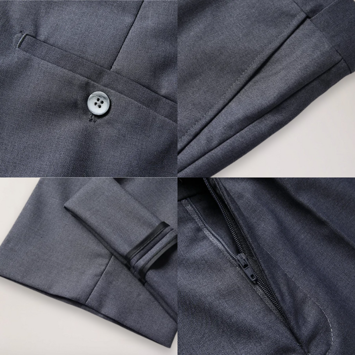 Professional men's tailored suit. Two-piece set with a formal blazer and matching trousers for business meetings.