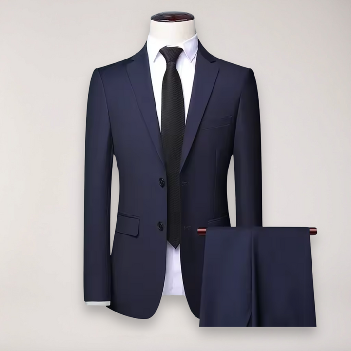 Elegant men's two-piece formal suit featuring a modern tailored blazer and matching trousers.