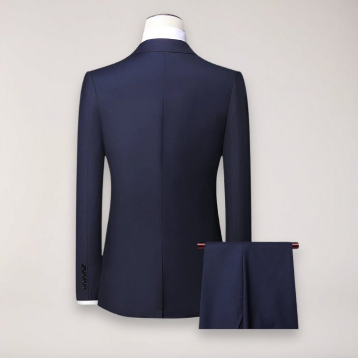 High-quality men's formal suit with a sophisticated tailored blazer and smart dress trousers.