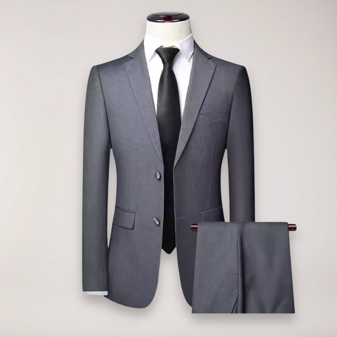 Menswear two-piece suit designed for a sharp, tailored look; ideal for formal occasions and business.