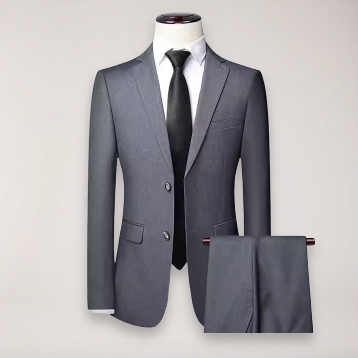 Menswear two-piece suit designed for a sharp, tailored look; ideal for formal occasions and business.