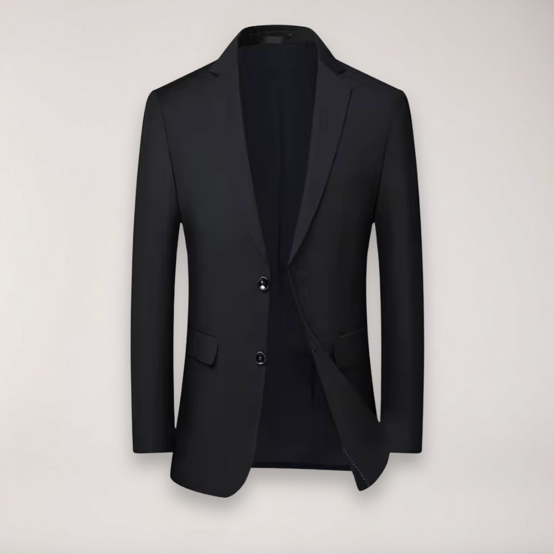 Premium men's business attire: a tailored two-piece suit including a fitted blazer and dress trousers.