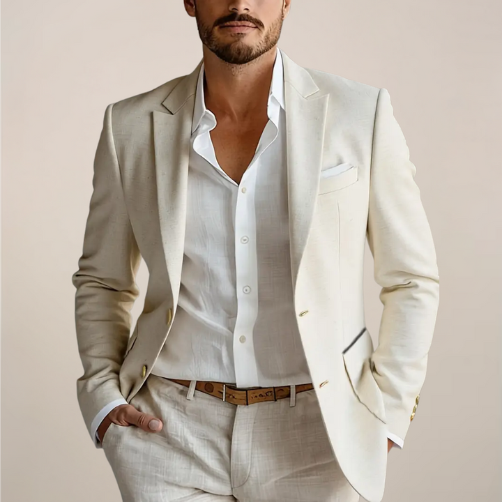 Men's tailored two-piece suit, a sophisticated formal wear option with a sleek fit for events.