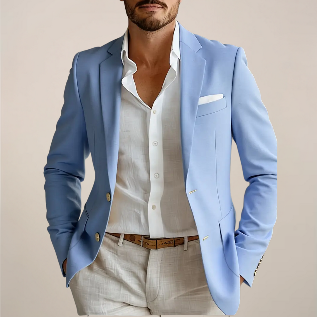 Men's two-piece tailored suit with modern coverless pockets, ideal for spring/summer wedding attire.