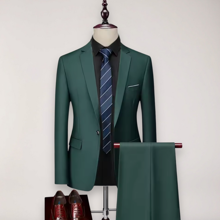 Sharp men's tailored fit two-piece suit; perfect for professional business, formal events, or a wedding.