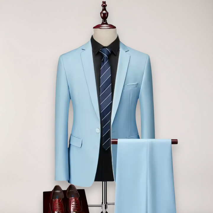 Elegant men's two-piece suit featuring a tailored blazer & matching dress pants for business or formal wear.