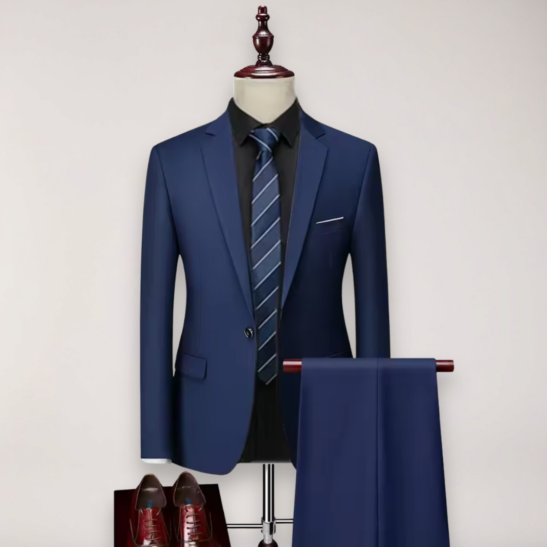 Stylish men's tailored two-piece suit, an excellent choice for a wedding, formal occasion or professional business.