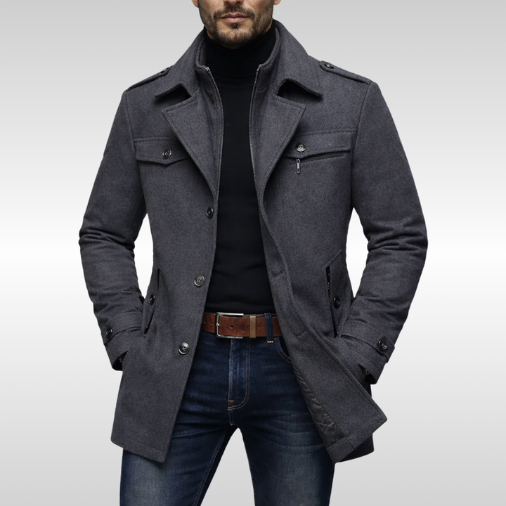 Men's tailored winter overcoat, long & elegant, perfect for sophisticated cold weather fashion.