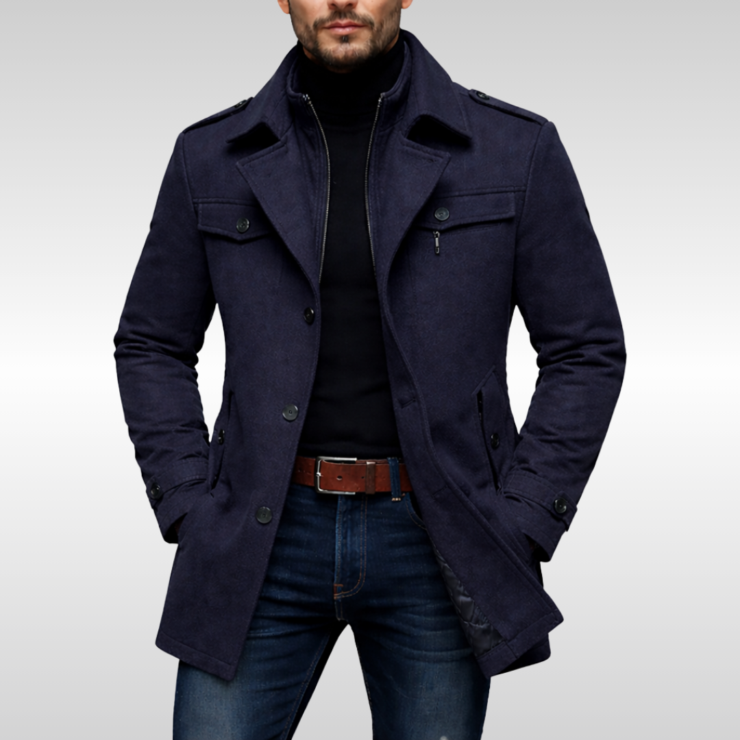 Classic men's wool winter overcoat, tailored for warmth & elegant business casual style.
