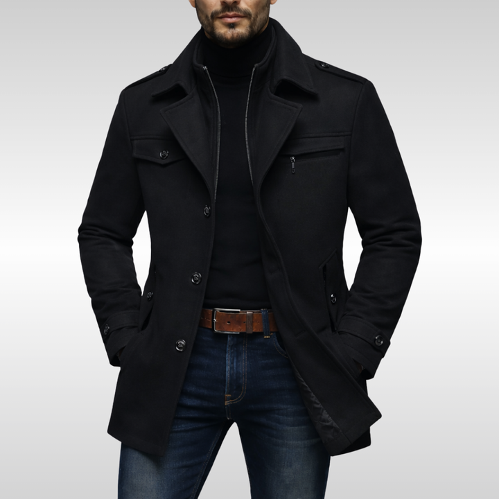 Sophisticated men's long dress coat, tailored fit for urban fashion & elegant winter outerwear.