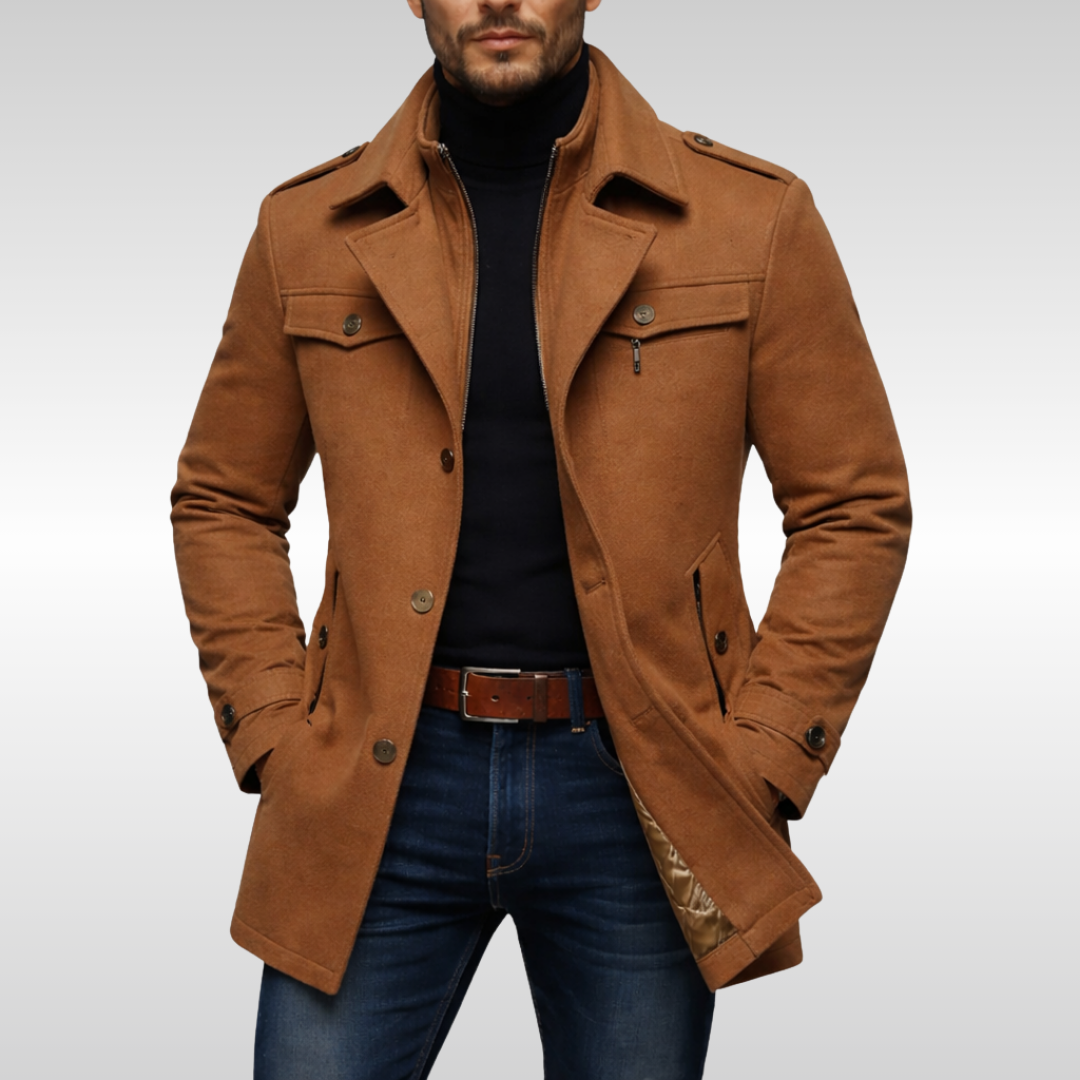 Elegant men's classic winter overcoat, tailored with sharp lapels for business casual fashion.