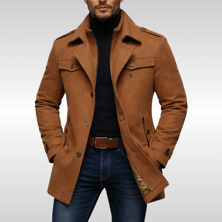 Elegant men's classic winter overcoat, tailored with sharp lapels for business casual fashion.