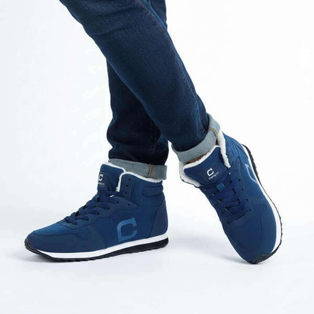 Close-up of men's black thermal winter sports shoes with durable anti-slip outdoor sole