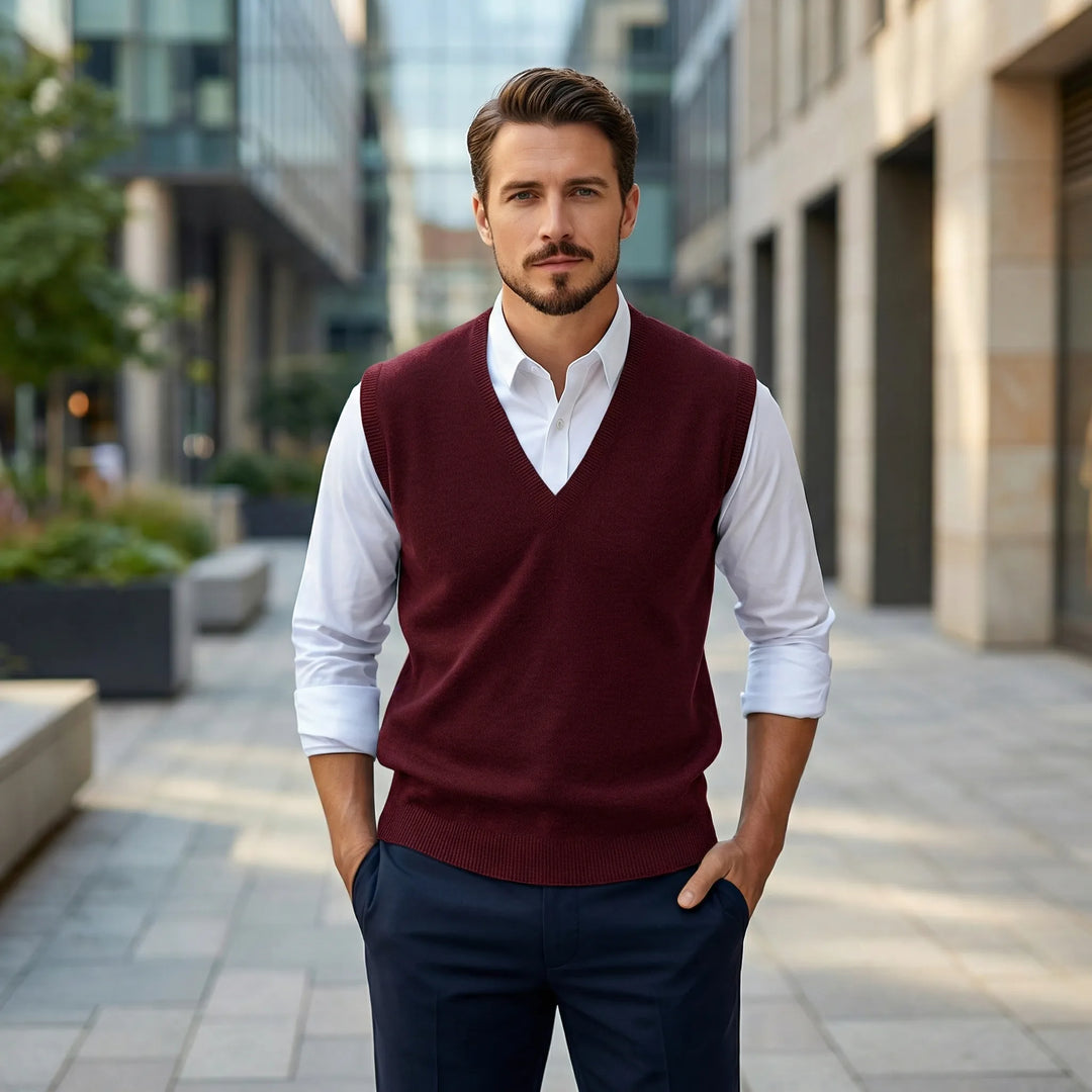 Men's Teo sleeveless V-neck vest, perfect for stylish layering in casual or semi-formal outfits.