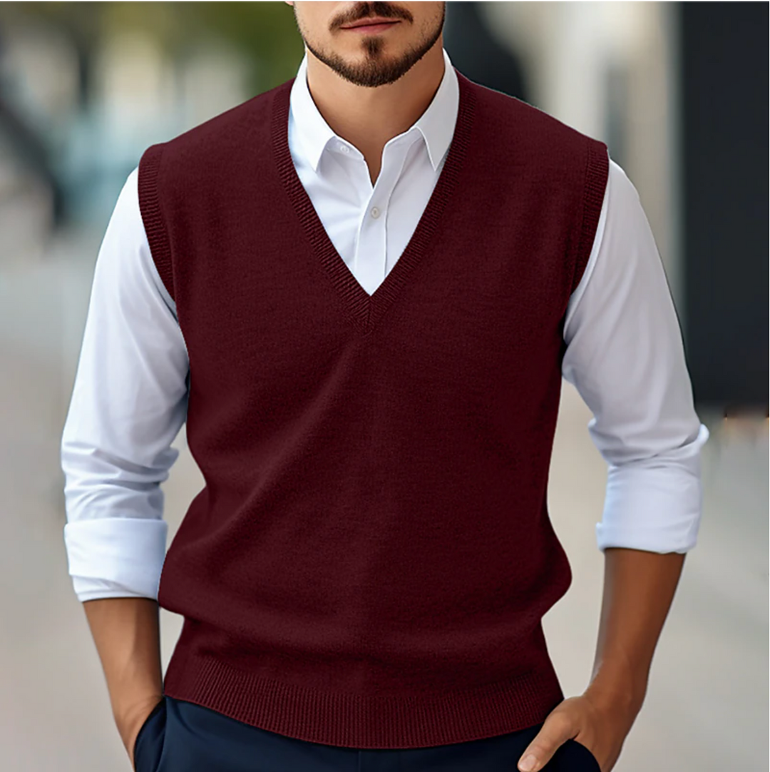 Teo men's sleeveless V-neck vest. Ideal layering piece for a polished, modern look in any season.
