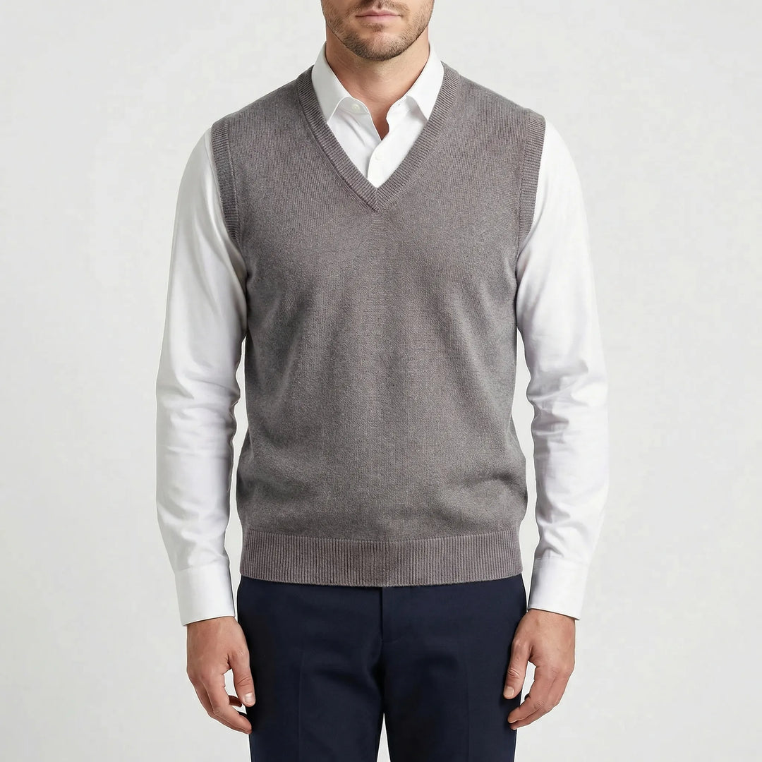 Man wearing a Teo sleeveless V-neck vest, showcasing its style and versatility for modern menswear.