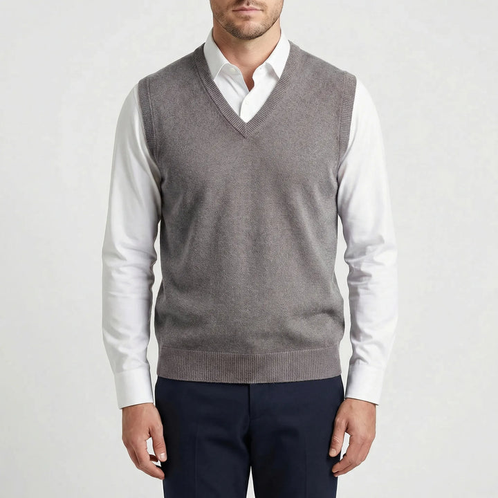 Man wearing a Teo sleeveless V-neck vest, showcasing its style and versatility for modern menswear.