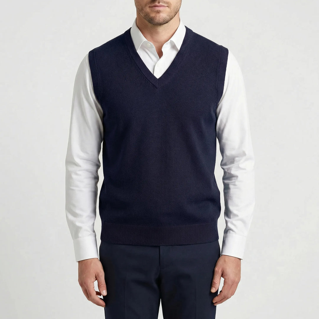 Polished men's Teo V-neck vest, a sleeveless top designed for versatile layering and modern style.