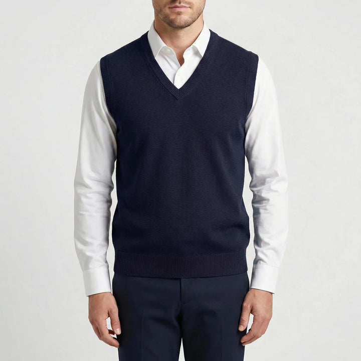 Polished men's Teo V-neck vest, a sleeveless top designed for versatile layering and modern style.