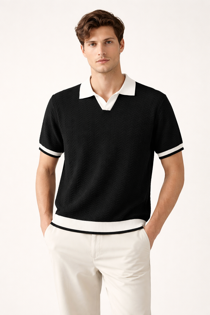 Men's textured knit polo shirt for effortless daily style & comfort. Classic short sleeve collared top.