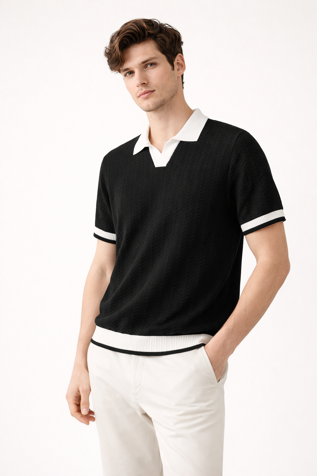 Comfortable men's textured knit polo shirt, perfect for spring & summer casual fashion. Everyday style.