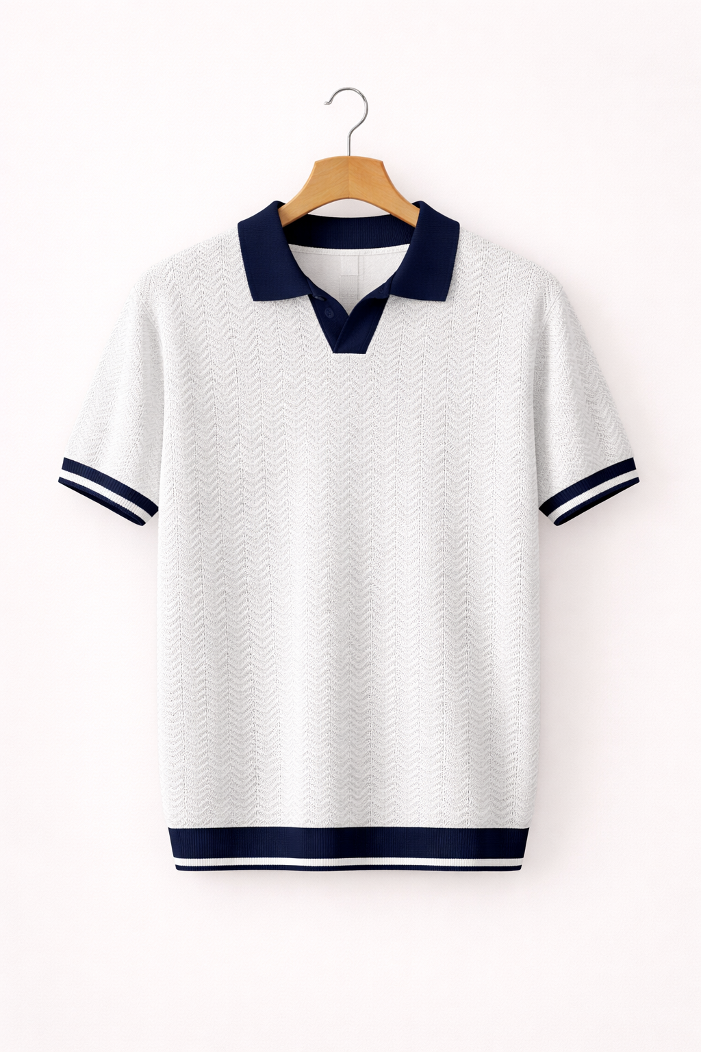 Modern men's textured knit polo shirt, a comfortable short sleeve top for everyday casual style & fashion.
