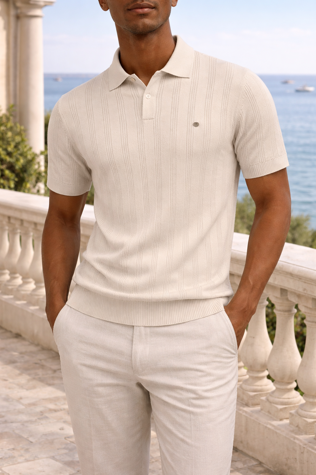 Men's short sleeve textured knit polo shirt, featuring a smart casual button placket for daily style.