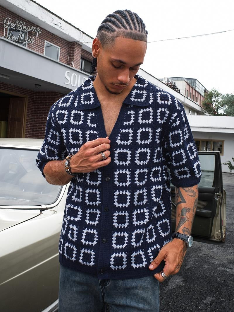 Men's short-sleeve textured knit shirt featuring subtle geometric pattern. Modern casual fashion.