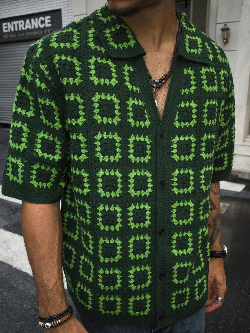 Modern men's textured short-sleeve knit shirt for smart casual spring & summer fashion.