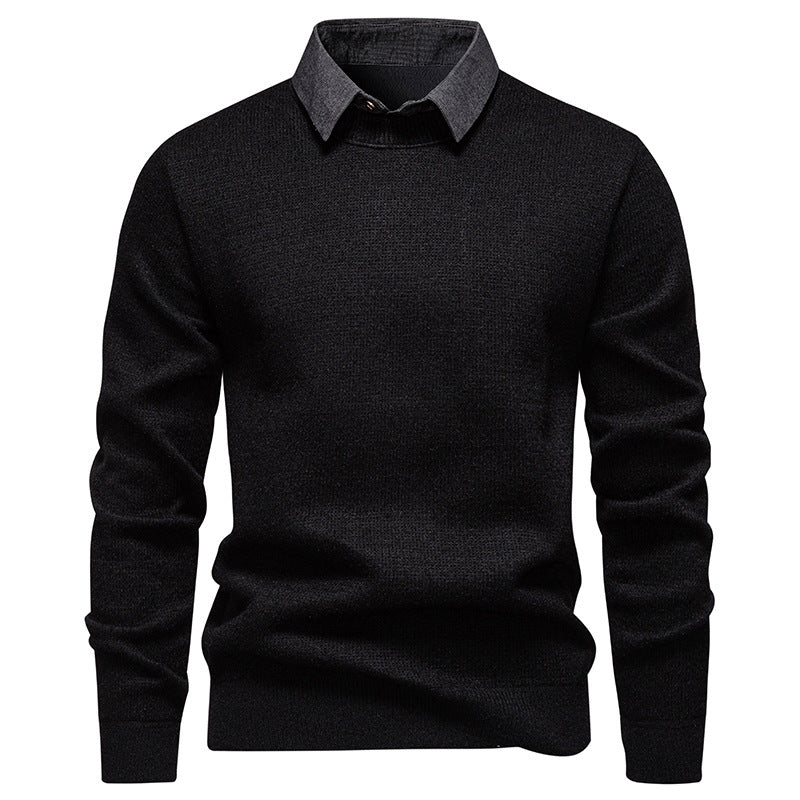 Men's textured knit sweater with a stylish layered collar, perfect for smart casual fall and winter outfits.