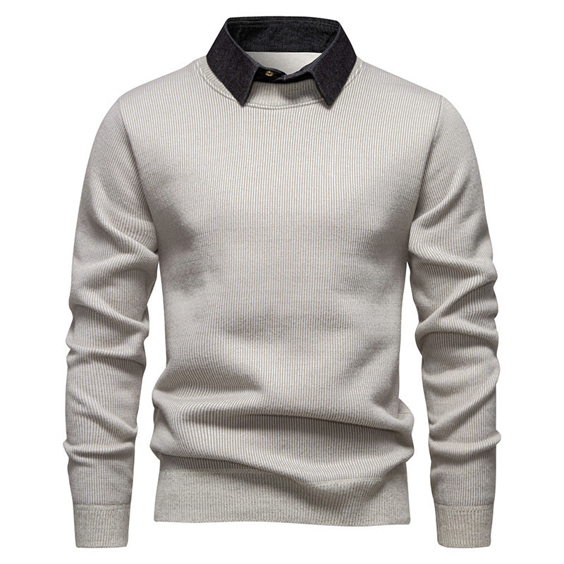 Smart casual men's knit sweater, featuring a unique textured design and a sophisticated layered collar for modern style.