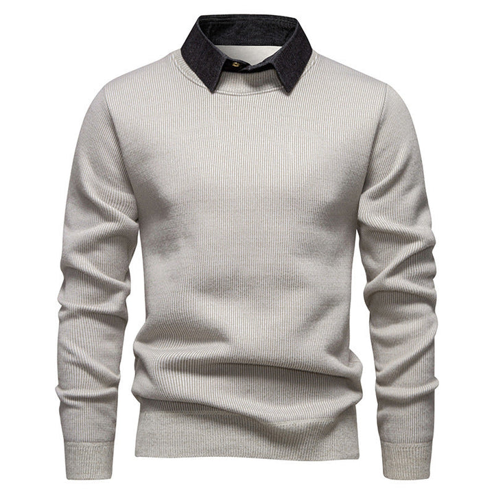 Smart casual men's knit sweater, featuring a unique textured design and a sophisticated layered collar for modern style.