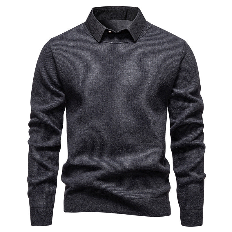 Comfortable men's long sleeve pullover knitwear, designed with a trendy textured pattern and a distinctive layered collar.