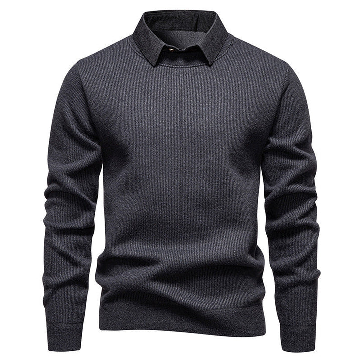 Comfortable men's long sleeve pullover knitwear, designed with a trendy textured pattern and a distinctive layered collar.