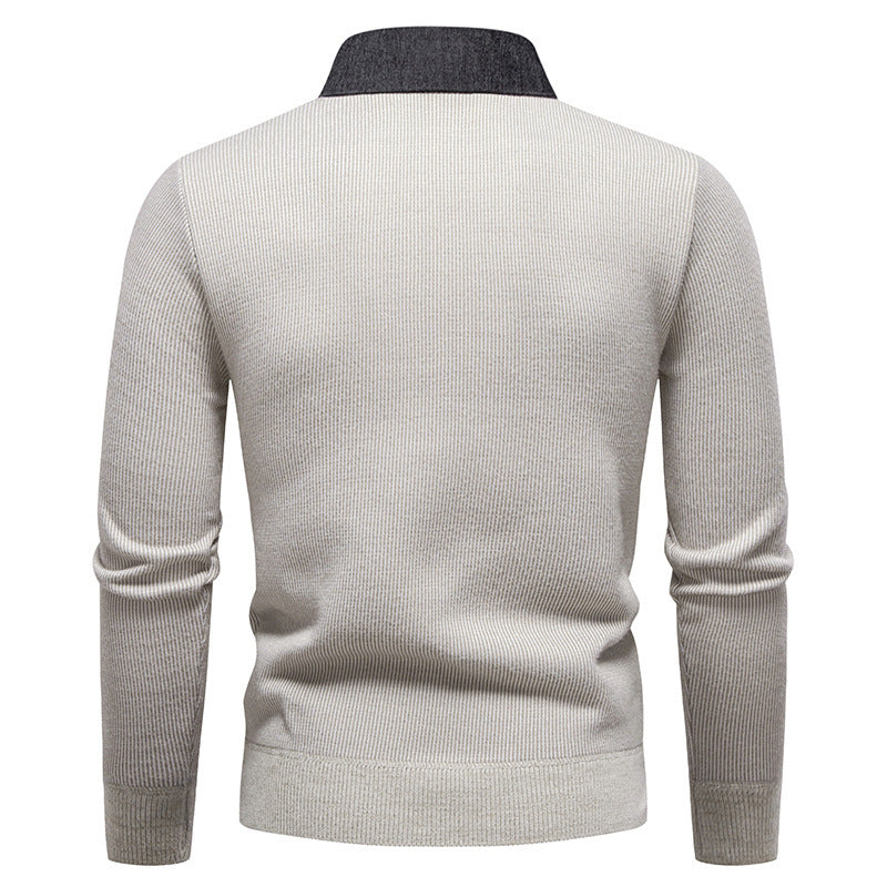 Stylish men's fall/winter knit sweater, showcasing a rich textured pattern and an elegant layered collar. Ideal for warmth.