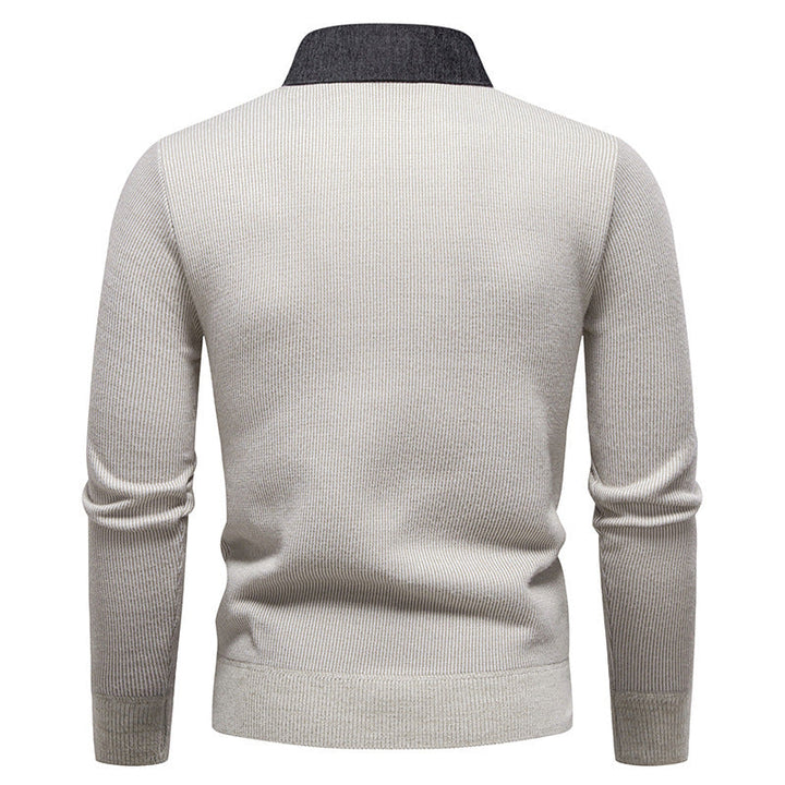 Stylish men's fall/winter knit sweater, showcasing a rich textured pattern and an elegant layered collar. Ideal for warmth.