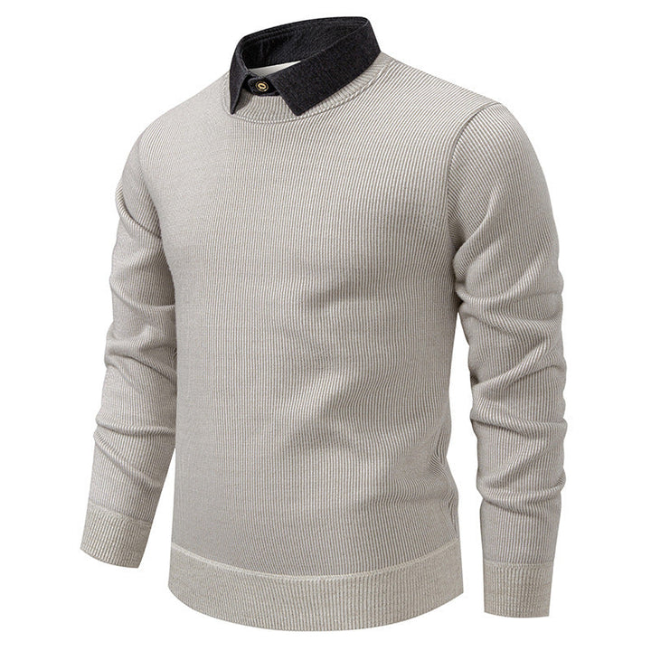 Close-up of a men's textured knit sweater highlighting its unique layered collar and intricate knit pattern.