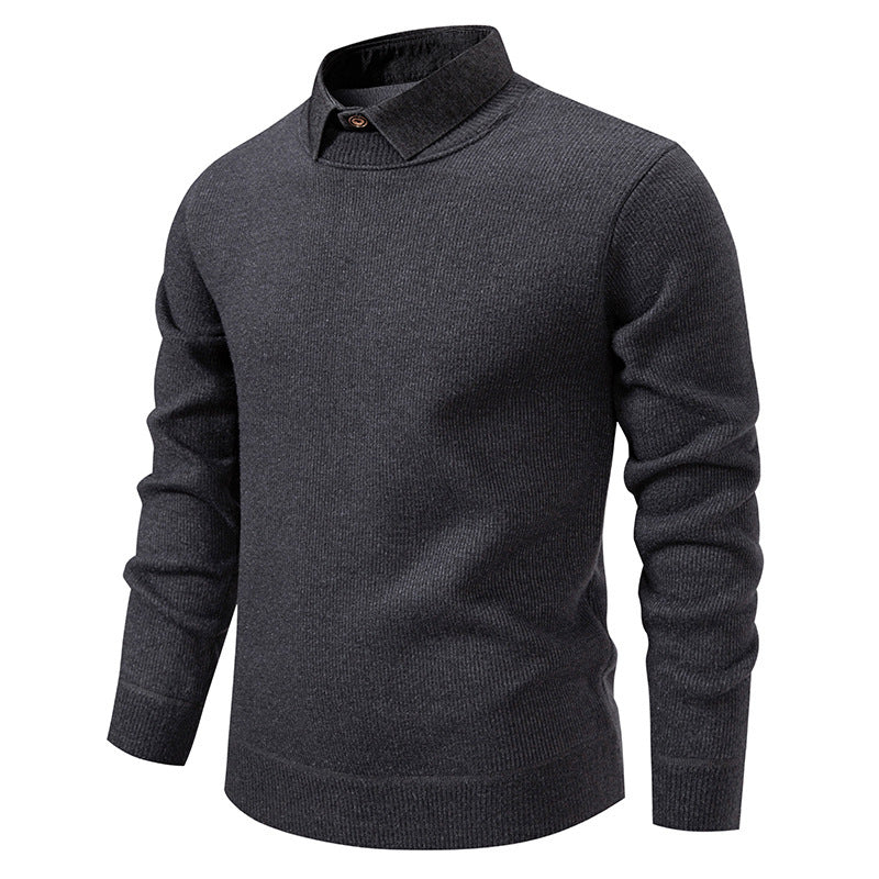 Full shot of a man wearing a smart men's textured knit sweater with a layered collar, suitable for various occasions.
