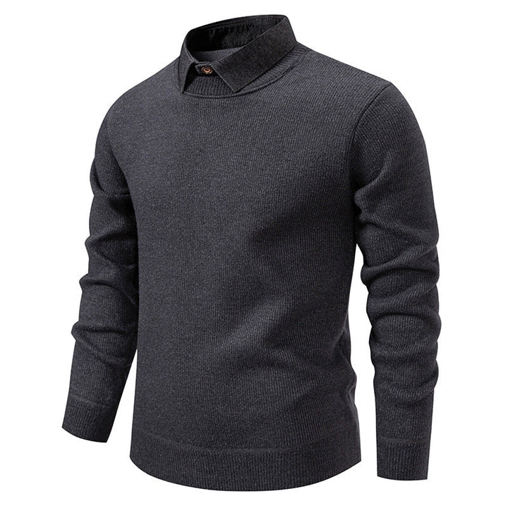 Full shot of a man wearing a smart men's textured knit sweater with a layered collar, suitable for various occasions.
